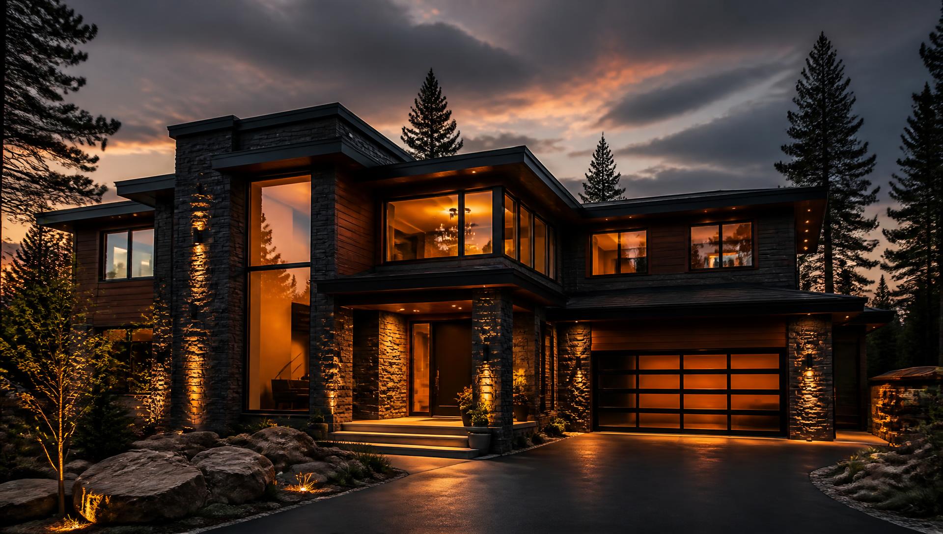 Custom-built modern home at dusk with warm exterior lighting